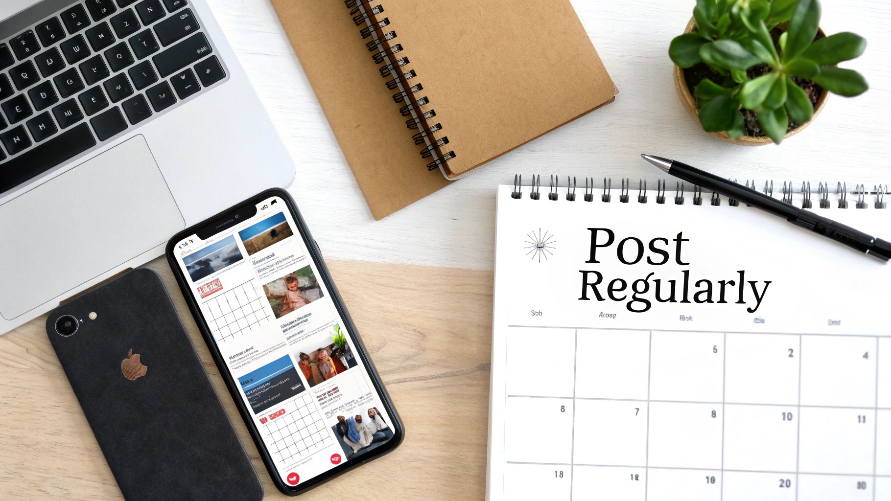 A flat lay desk with a laptop, smartphones, notebook, plant, and calendar showing 'Post Regularly', emphasizing social media planning.