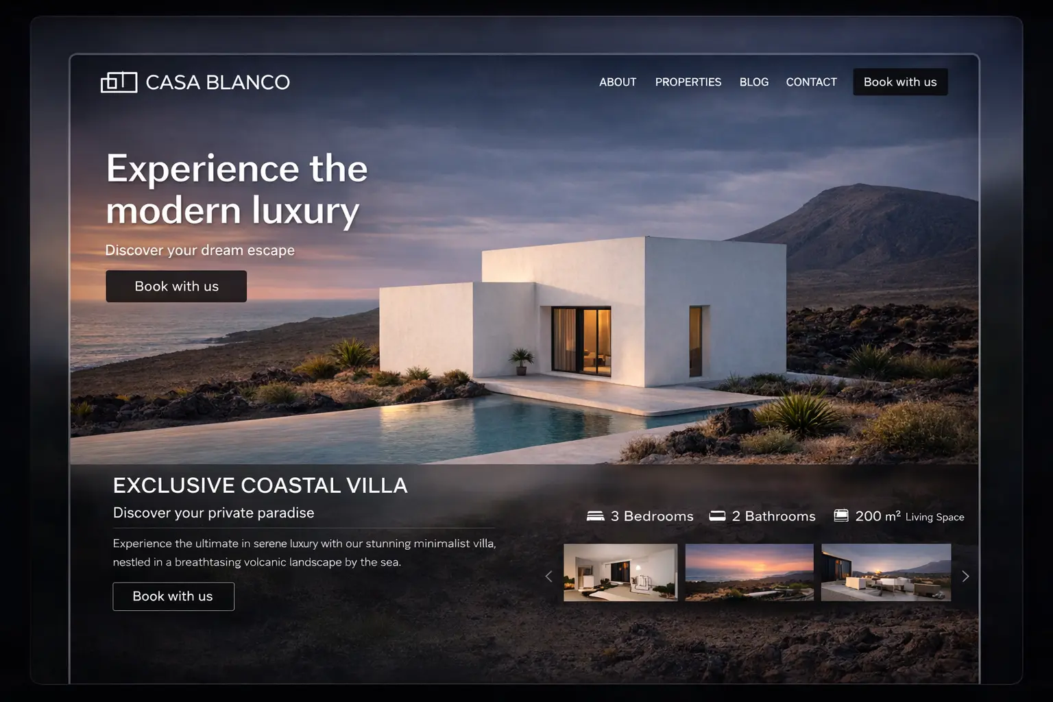 Luxury villa web design hero for Casa Blanco featuring coastal architecture and booking UI