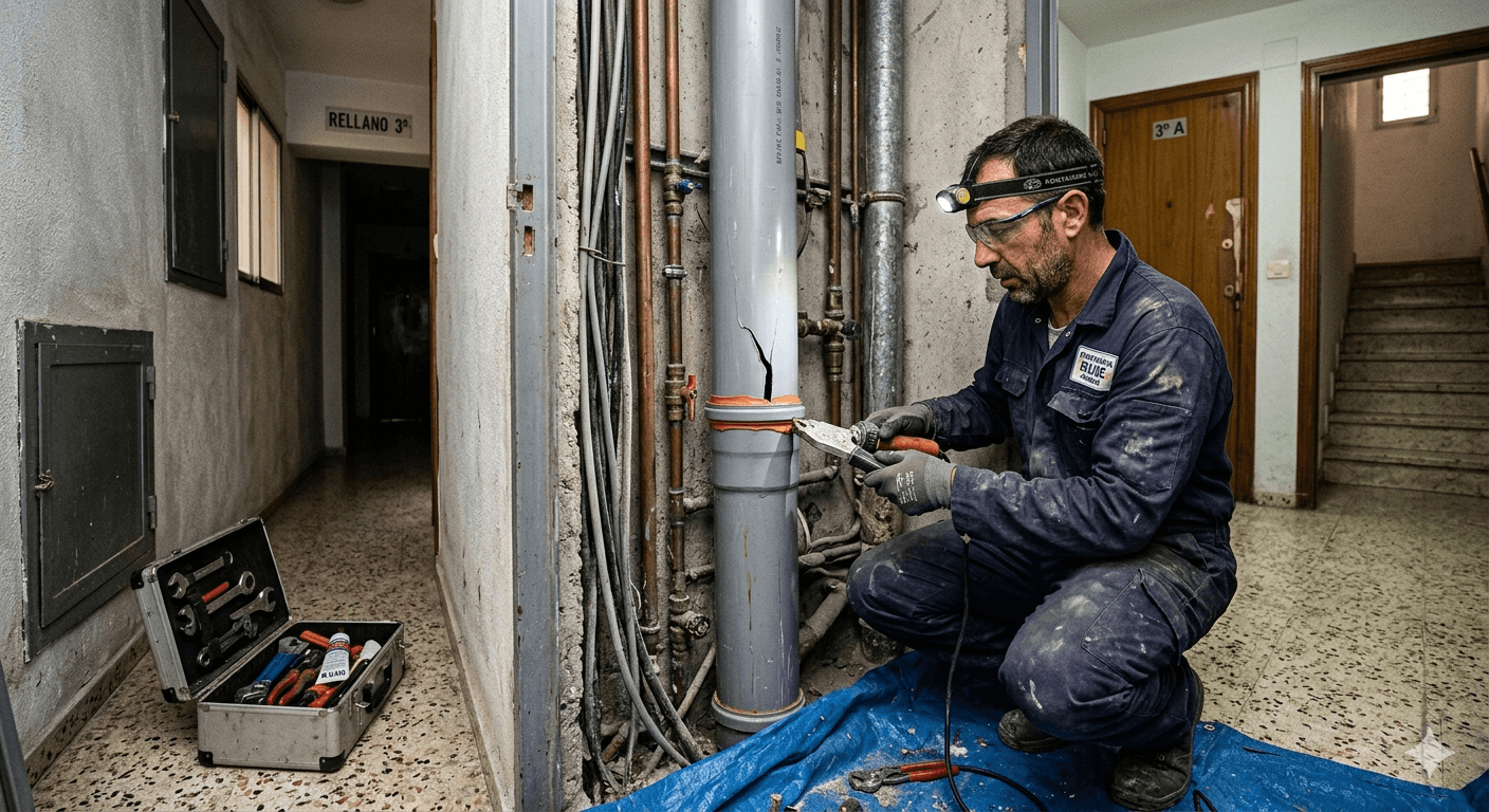 Reparación de urgencia de la bajante general del edificio cubierta por la póliza de daños por agua de la comunidad de vecinos.