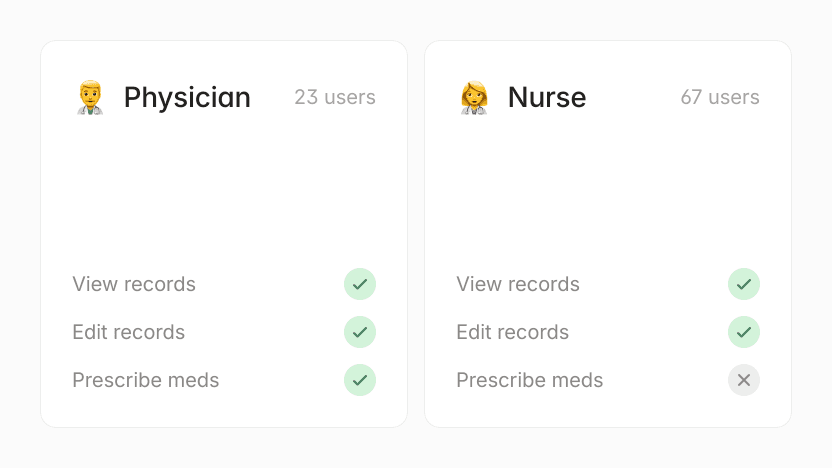 Physician vs Nurse user roles: Physician can view/edit records & prescribe meds. Nurse can view/edit records.