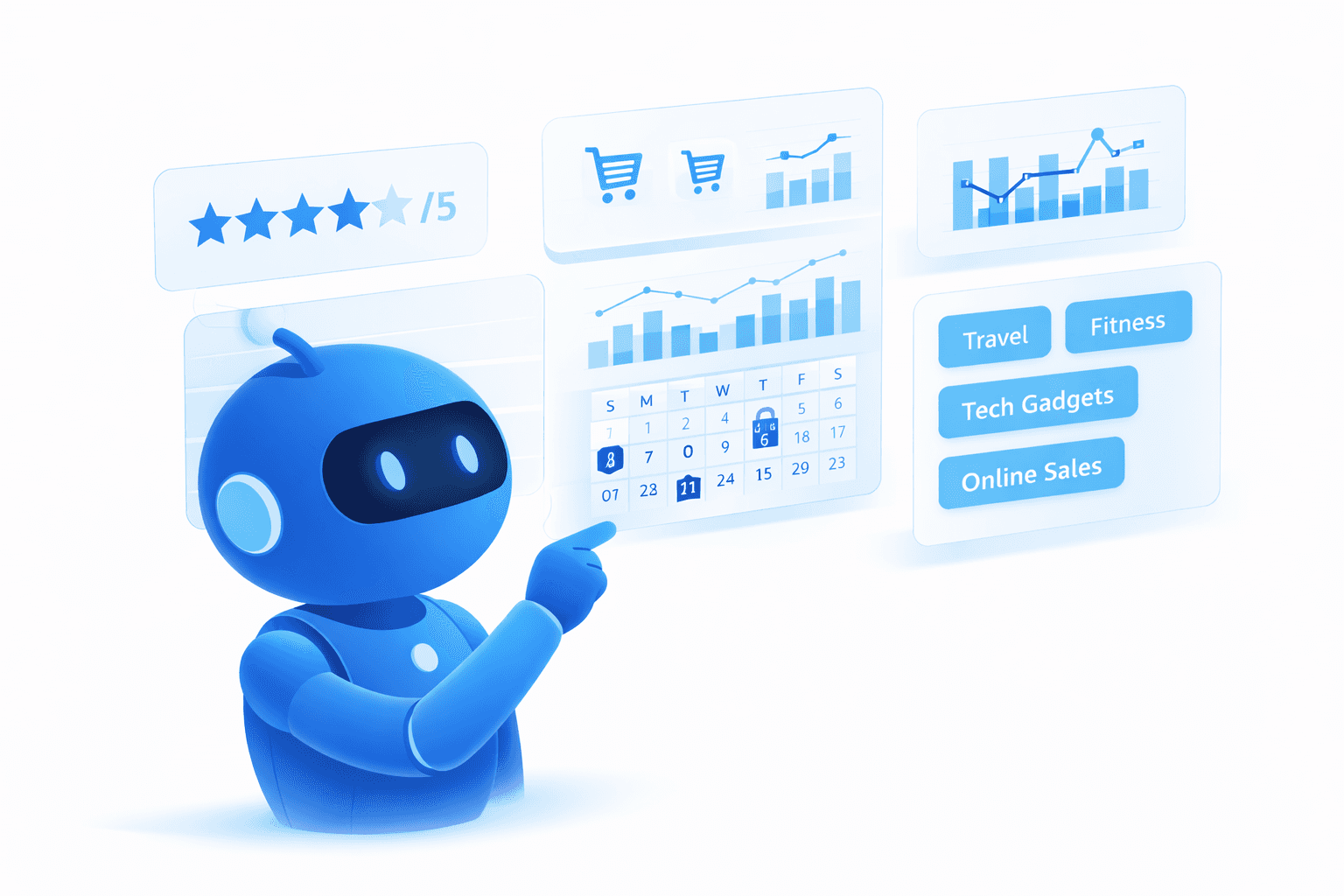 Robot AI analizando paneles de datos con reseñas, carritos de compra, calendarios de cumpleaños y etiquetas de preferencias