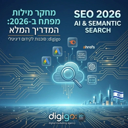 תמונת שער לבלוג של סוכנות digigo המציגה מדריך מקיף למחקר מילות מפתח ב-2026, המשלב כלים מקצועיים (Semrush, Ahrefs, Google Keyword Planner) יחד עם טכנולוגיות AI וחיפוש סמנטי.