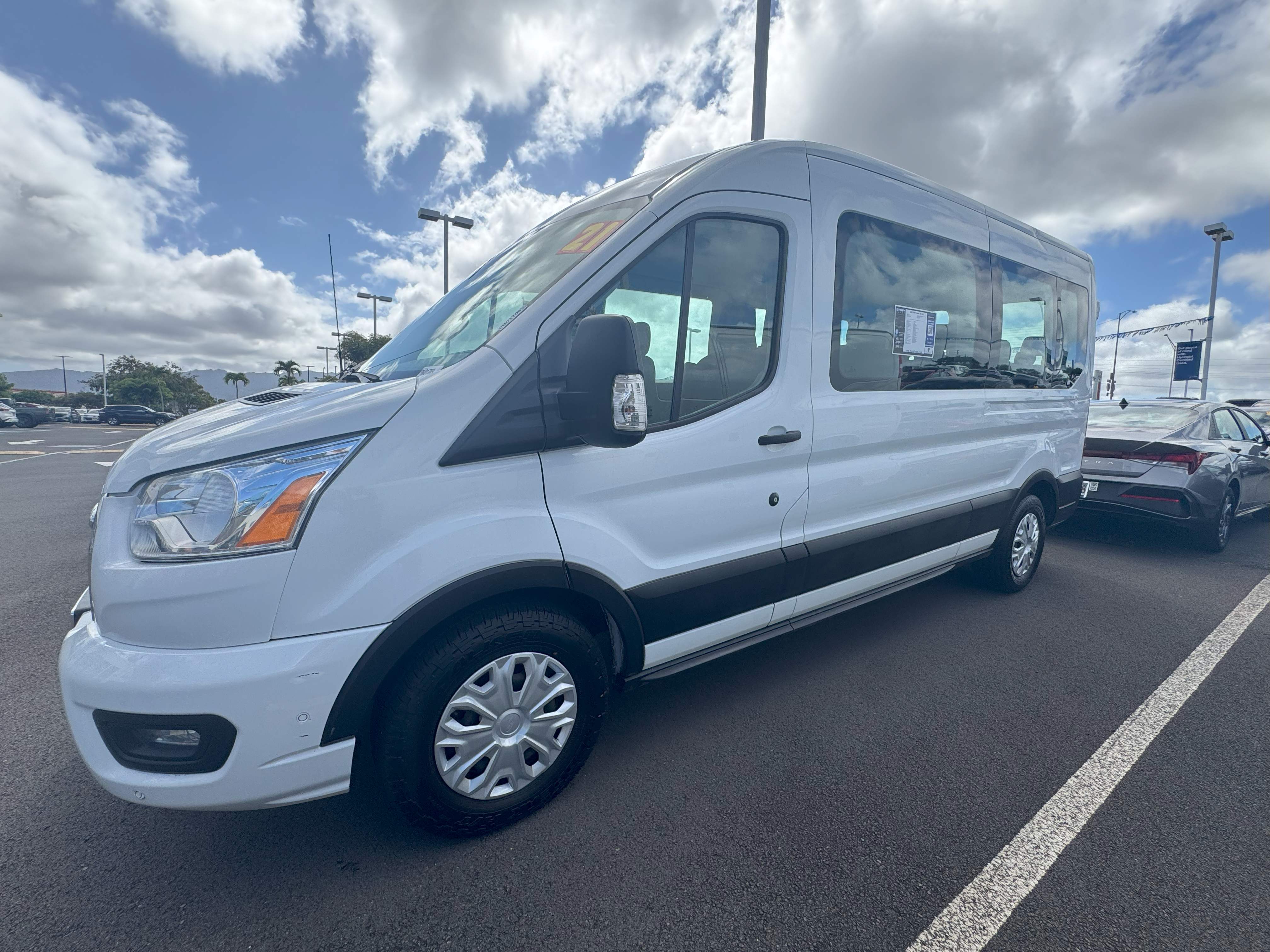 White Ford Transit XLT 15 Passenger Van Hawaii Big Island Sunset For Rent