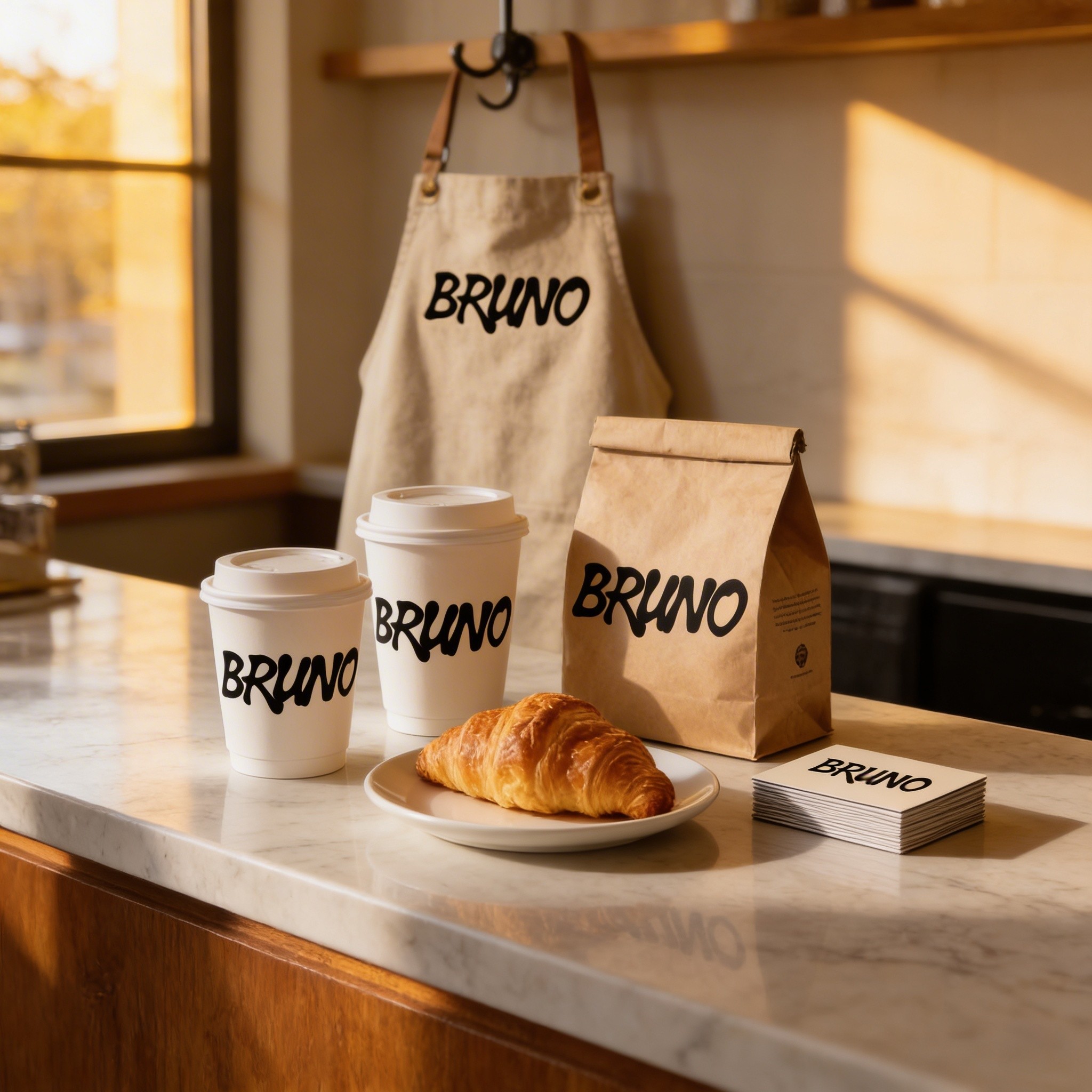 Coffee shop scene with a marble counter, featuring a croissant on a plate, two coffee cups, a paper bag, a stack of business cards, and an apron, all branded "BRUNO." Warm lighting creates a cozy atmosphere.