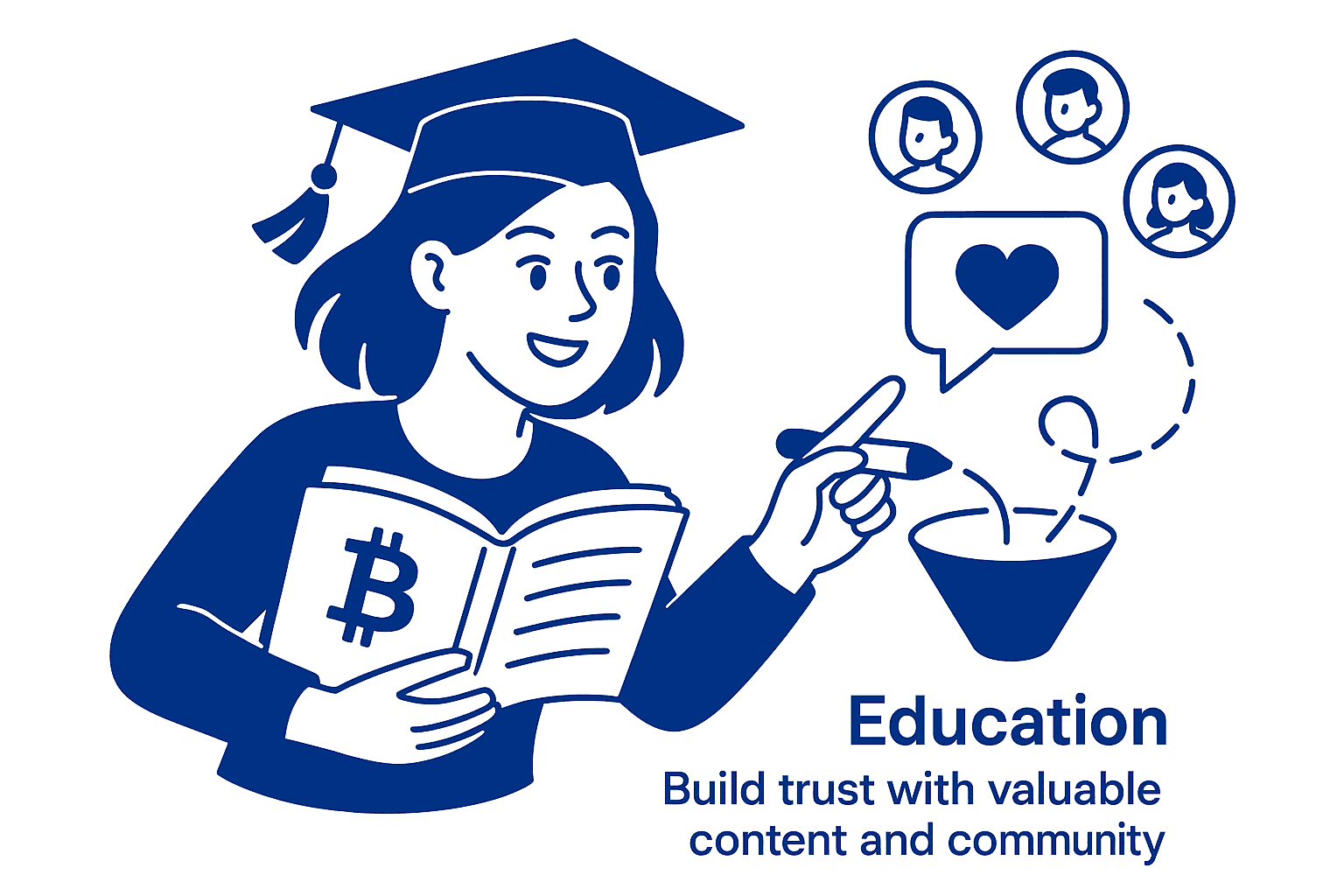 An illustration with a person that represents an Education stage of the Web3 marketing funnel