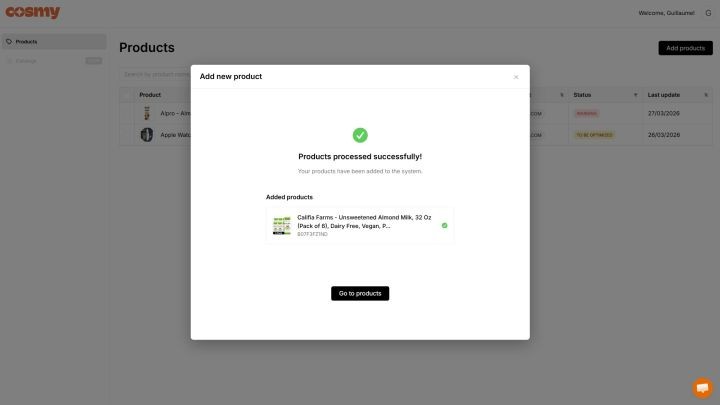 Cosmy dashboard optimizing an eCommerce Amazon product with a competitor intelligence