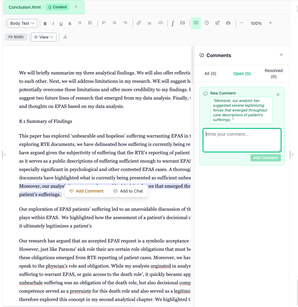 Coauthor comments panel showing a collaborator commenting on a selected manuscript passage