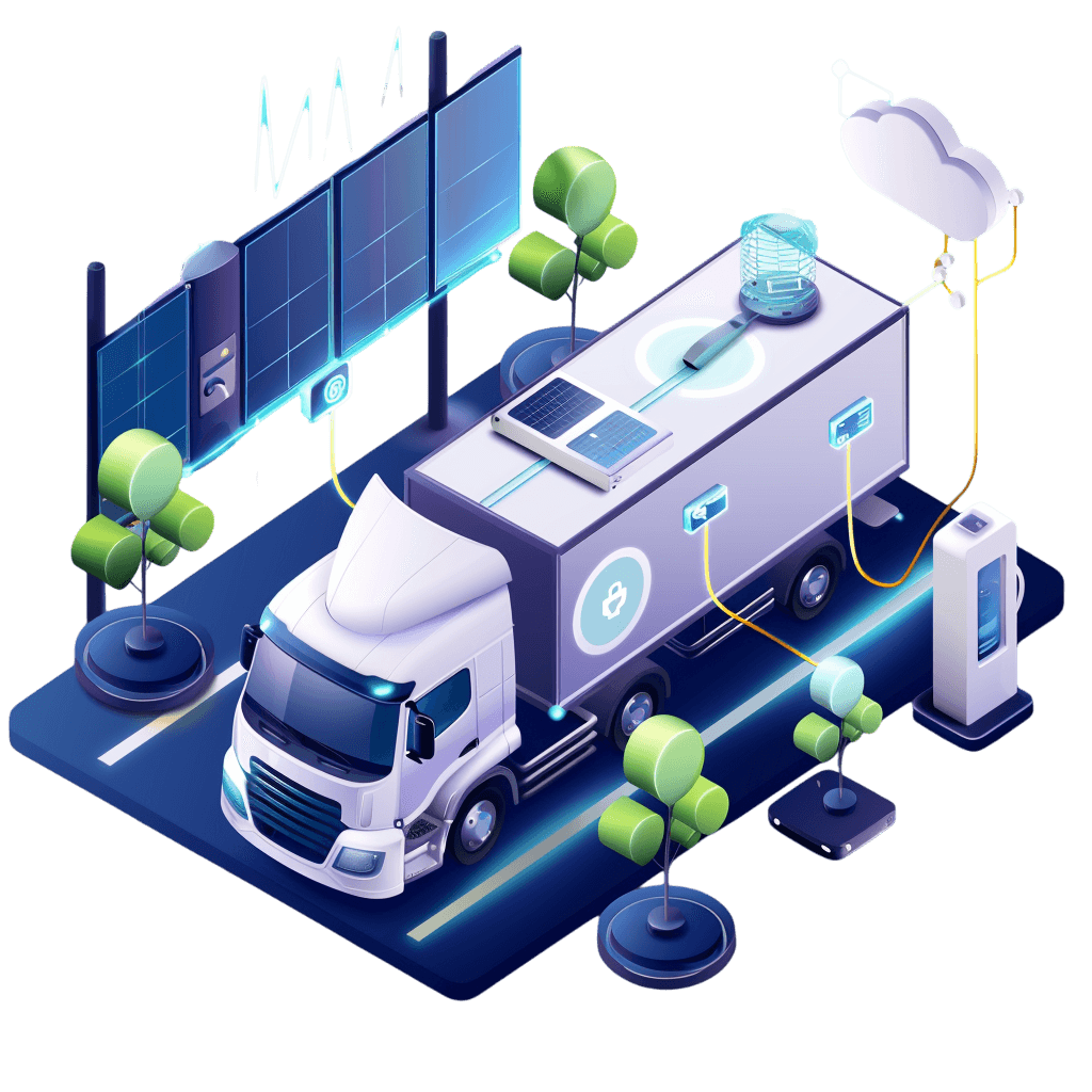 - EV chargers, electric vehicles, and electric trucks in the style of hyper-realistic atmosphere.