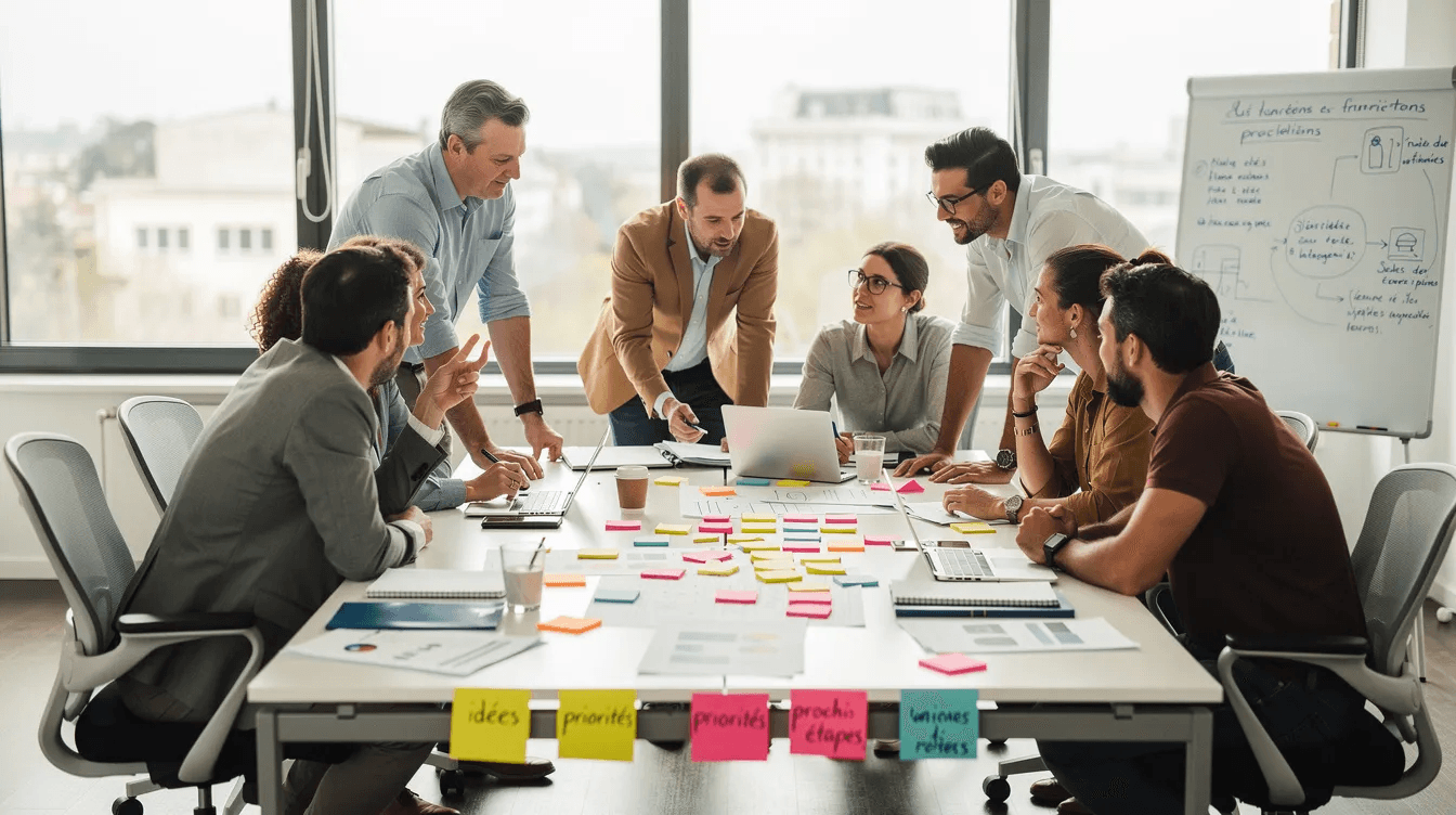 Un groupe d'adultes participe à un atelier collaboratif autour d'une table, entouré de post-its et de documents, illustrant une démarche de formation professionnelle. Ces apprenants en formation échangent des idées pour concevoir des activités d'apprentissage et évaluer leurs acquis, sous la guidance d'un formateur professionnel d'adultes.