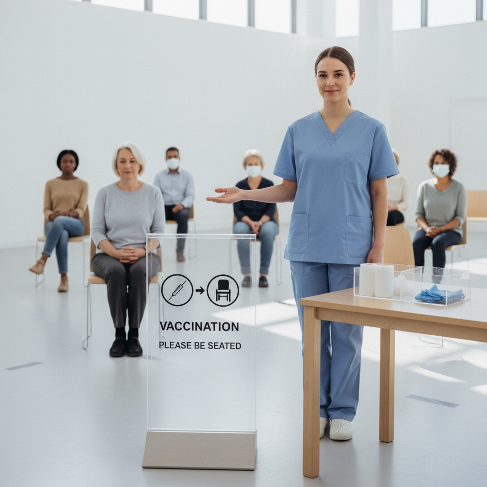 Am Eingang einer Impfstraße zeigt ein Bodenaufsteller den nächsten Schritt an, während eine Pflegekraft freundlich einen Platz zuweist. Eine kleine Box mit Pflastern, Tupfern und Handschuhen steht ordentlich sortiert. Helles Licht betont Sauberkeit. Der Ablauf ist ruhig, sicher und transparent.