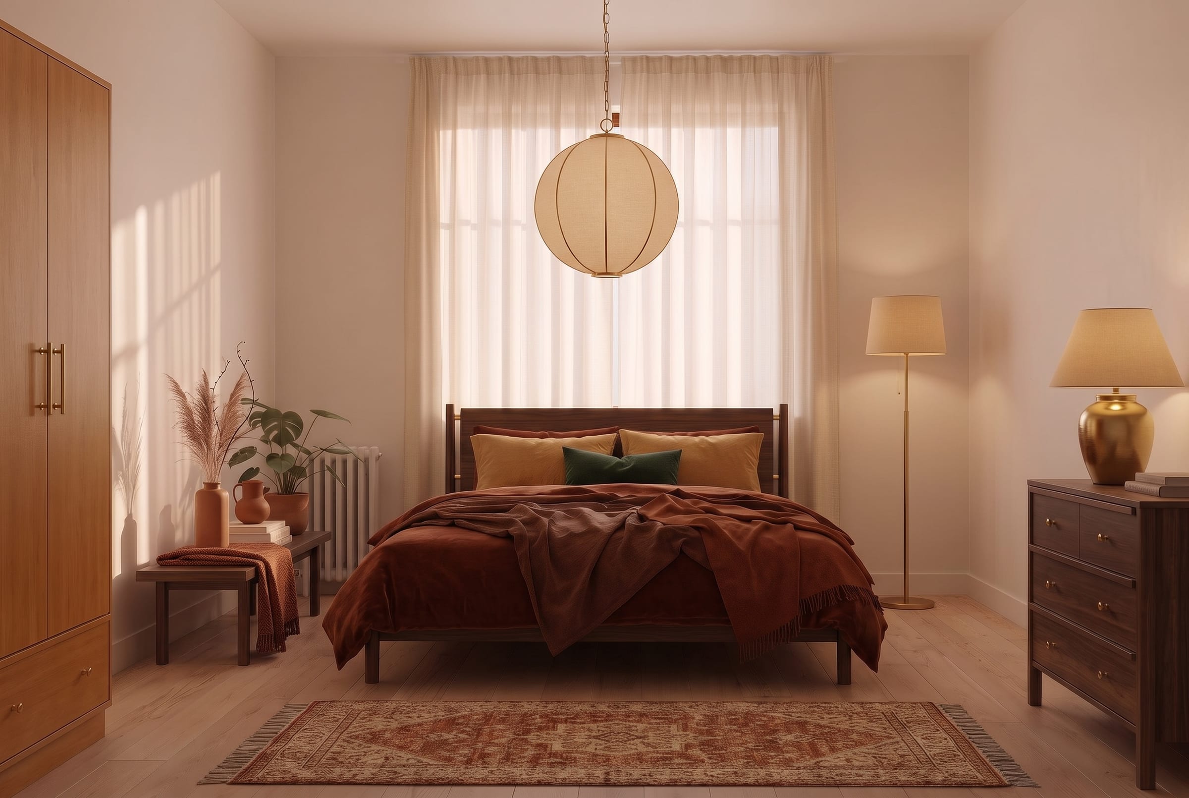 Schlafzimmer mit Holzbett und rostroter Bettwäsche, gemustertem Teppich am Fußende, Kommode mit Tischleuchte, Stehleuchte und Papier-Pendelleuchte vor einem Fenster mit hellen Vorhängen