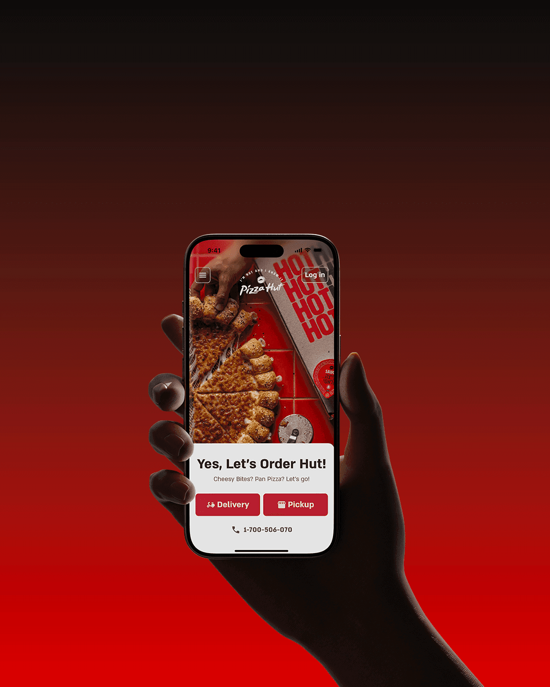 A hand holds a product package against a red and black gradient background, showcasing an eye-catching design.