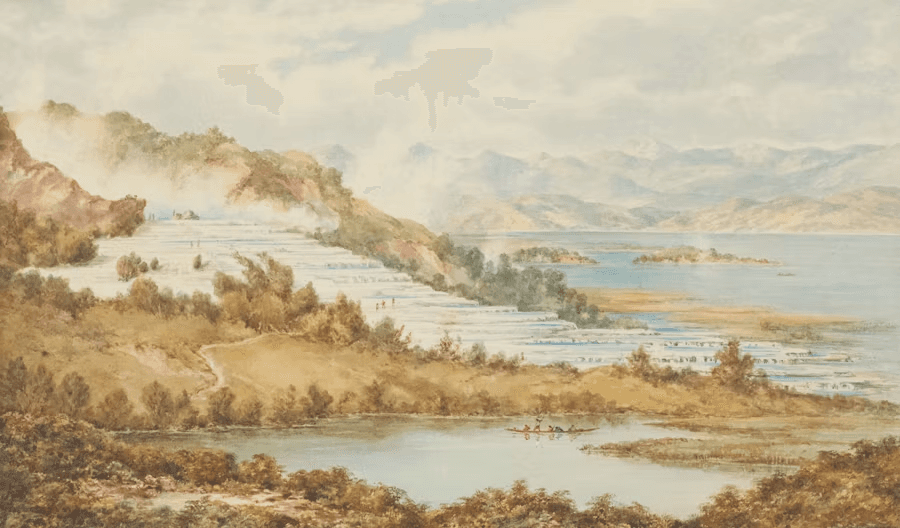 Watercolor painting of a rolling green landscape with purple heather, cows, and hills.