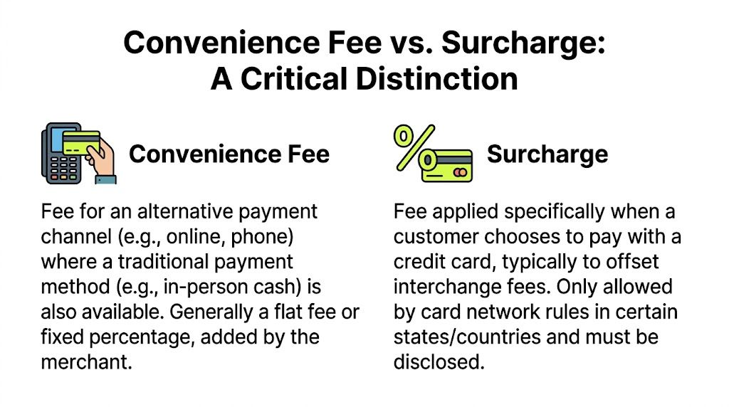An infographic comparing and explaining the definitions and differences between a convenience fee and a surcharge.