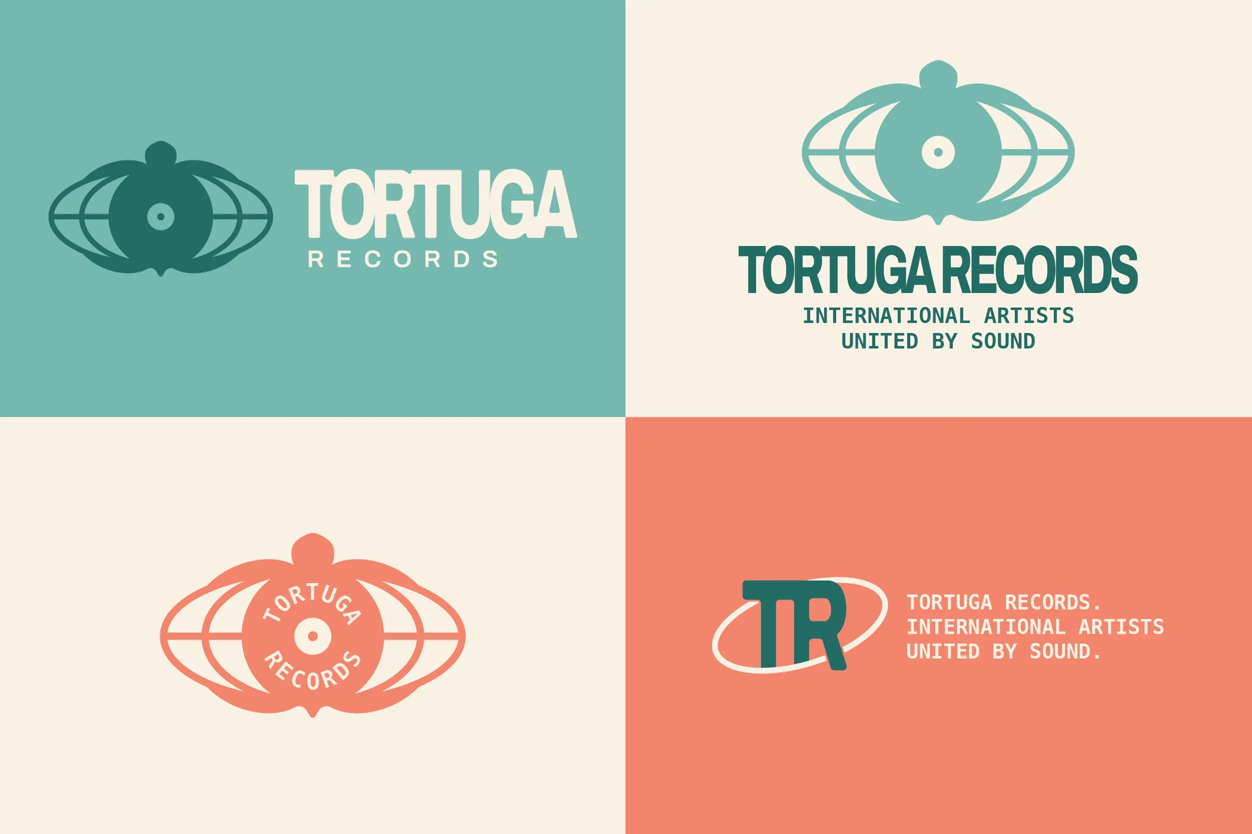 Brand color palette grid showcasing seafoam green, sand off-white, and sunset pink with logo and secondary graphics.