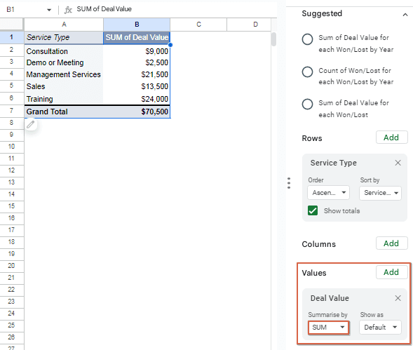 Values: Add "Deal Value" and set it to SUM.