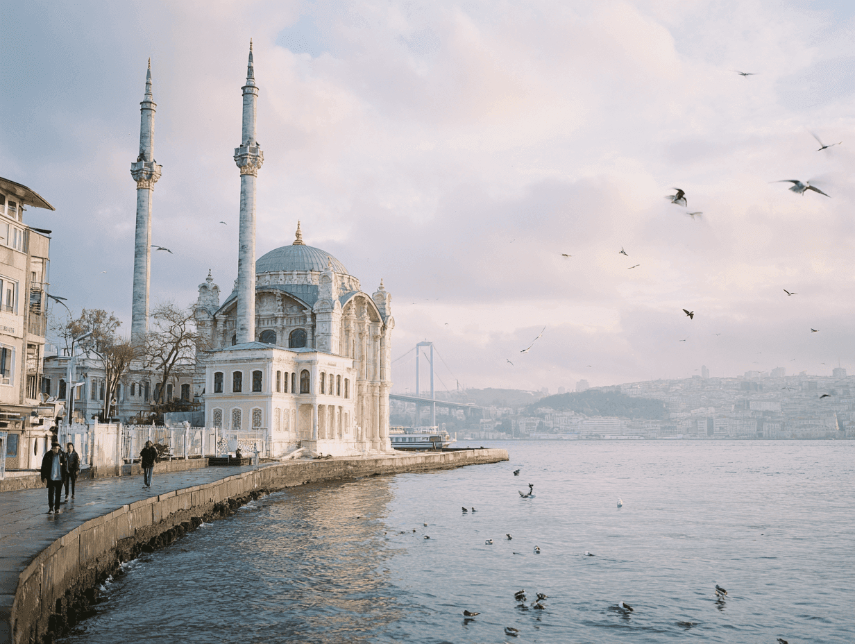 Ortaköy waterfront with Bosphorus view on the European side of Istanbul during golden hour.