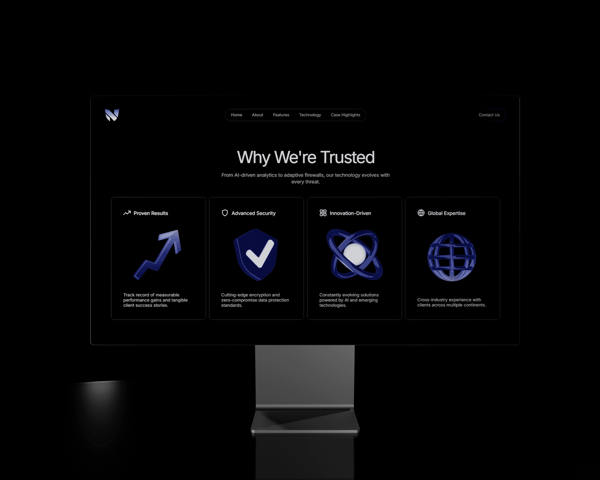 A computer monitor showing Nexora Systems's website on the screen. The monitor is dark gray and is featured against a plain black background.