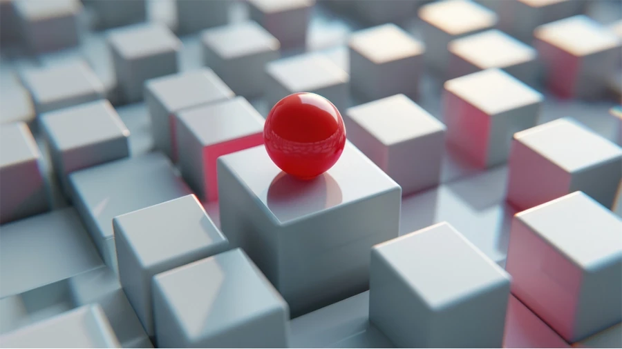 A red sphere on top of a white cube. White cubes surrounding it.