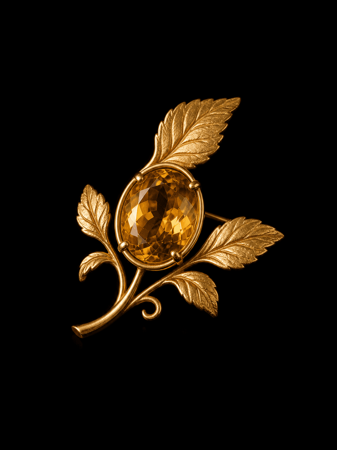 Botanical gold brooch with amber gemstone