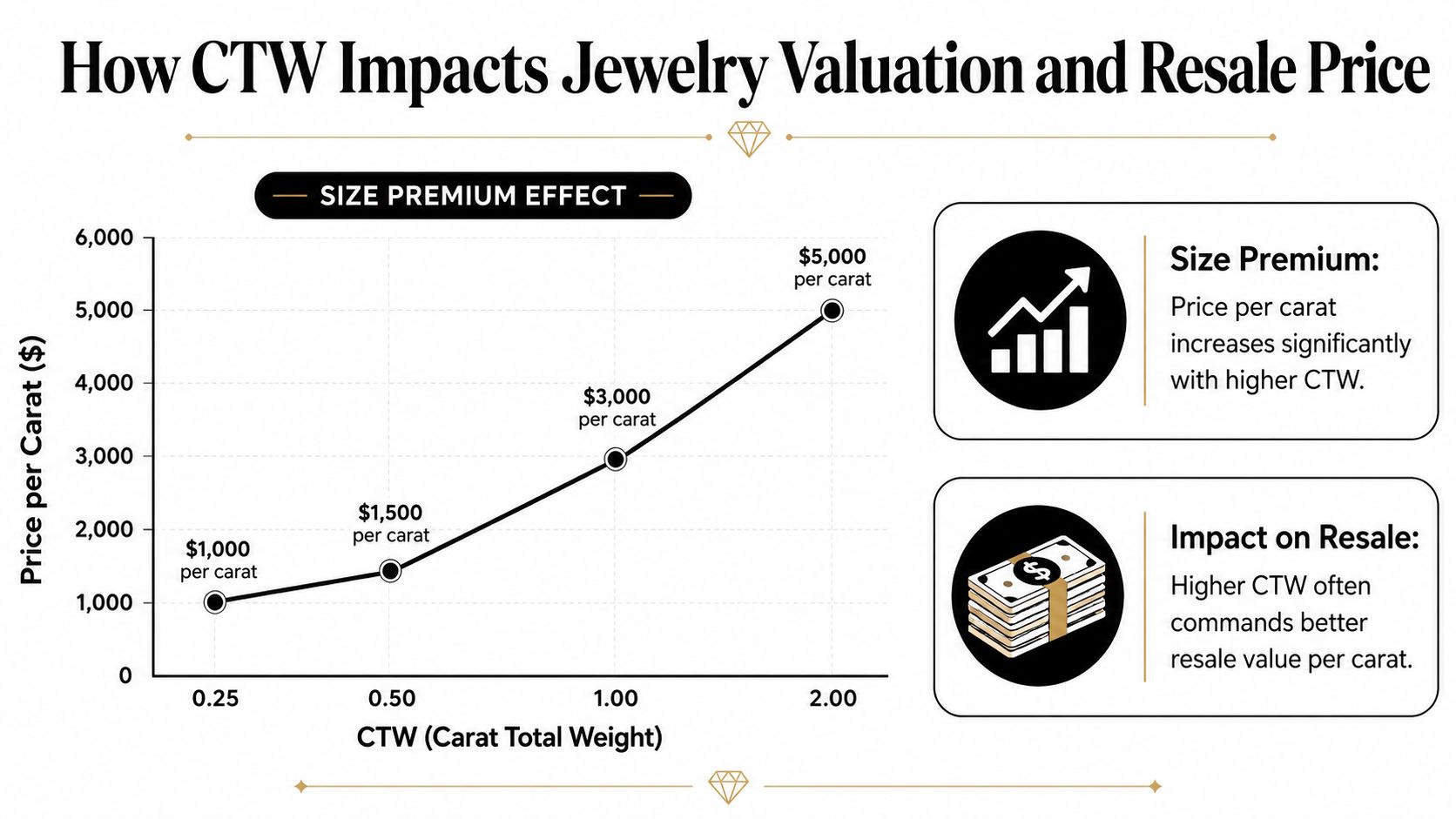 A line graph showing how increasing Carat Total Weight (CTW) leads to a higher price per carat.