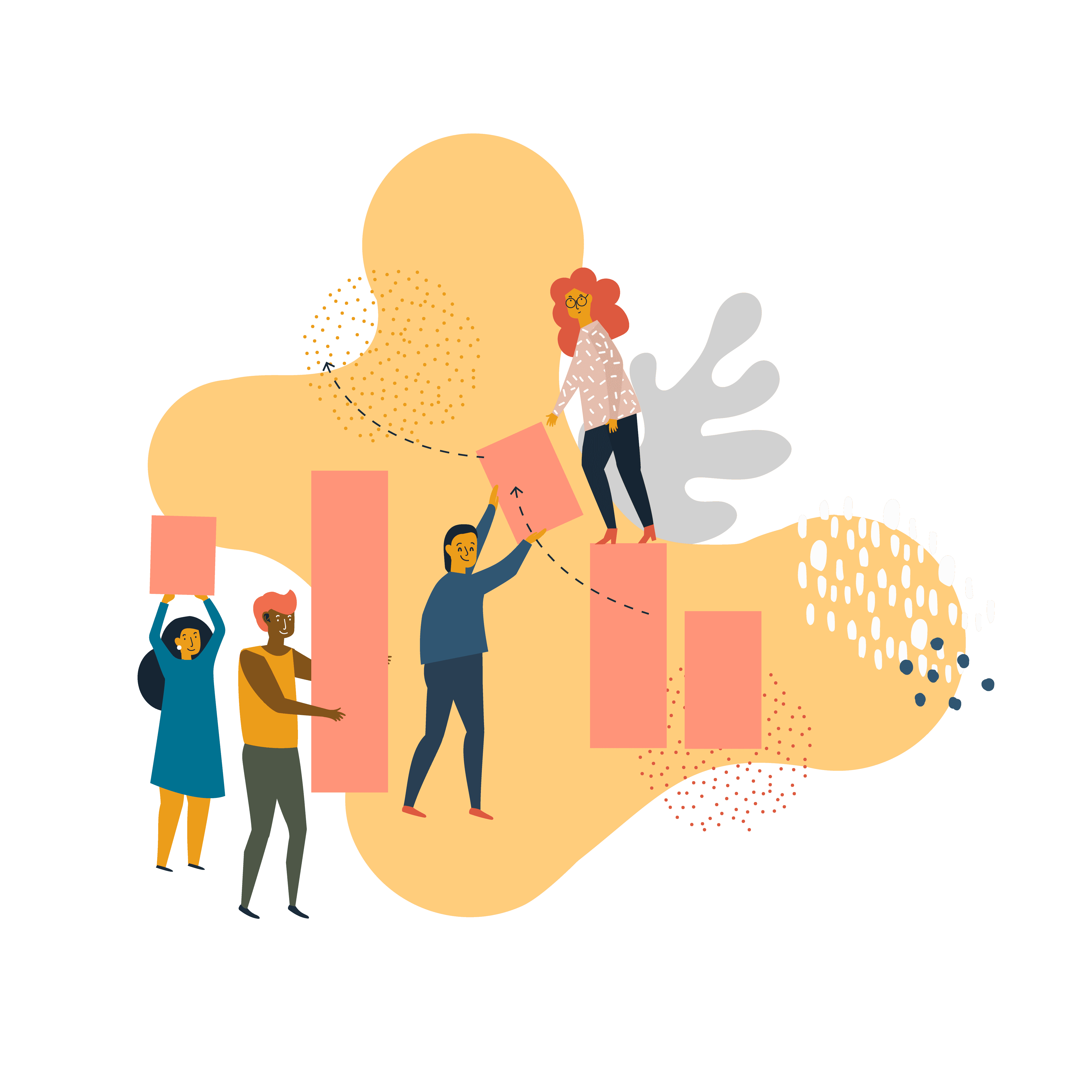 Customer growth illustration with characters constructing a bar graph with organic shapes around them