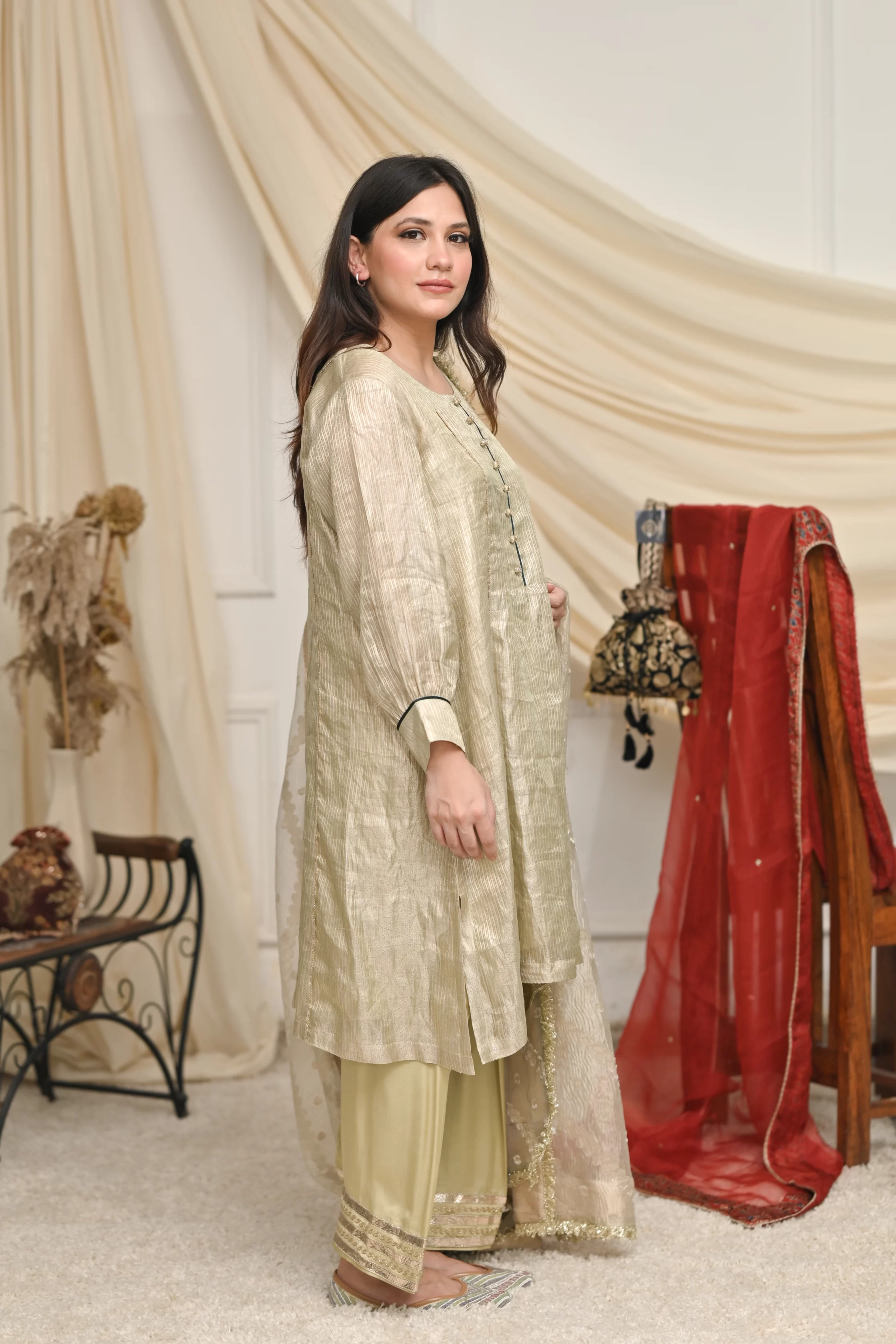 Champagne Olive Tissue Set With Embroidered Dupatta 2