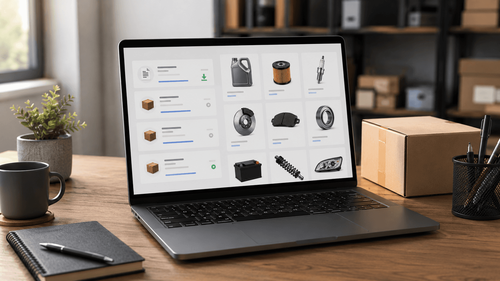 Renderização 3D realista de um ambiente corporativo moderno com um notebook sobre uma mesa de madeira. Na tela, aparece um portal digital de distribuidora exibindo catálogo de produtos, status de pedidos e documentos financeiros organizados em uma interface limpa. Ao redor do notebook há itens de escritório, uma planta e caixas de embalagem ao fundo, sugerindo uma operação de distribuição e vendas. A cena transmite autonomia digital, autoatendimento e acesso centralizado a informações comerciais.