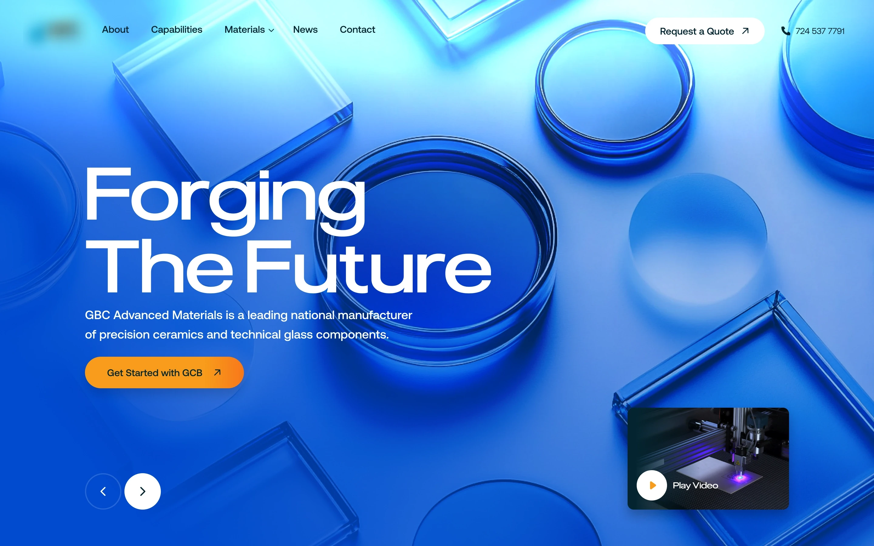 Blue geometric ceramic components create a sleek hero backdrop with “Forging the Future” headline, CTA button, navigation, and video preview.