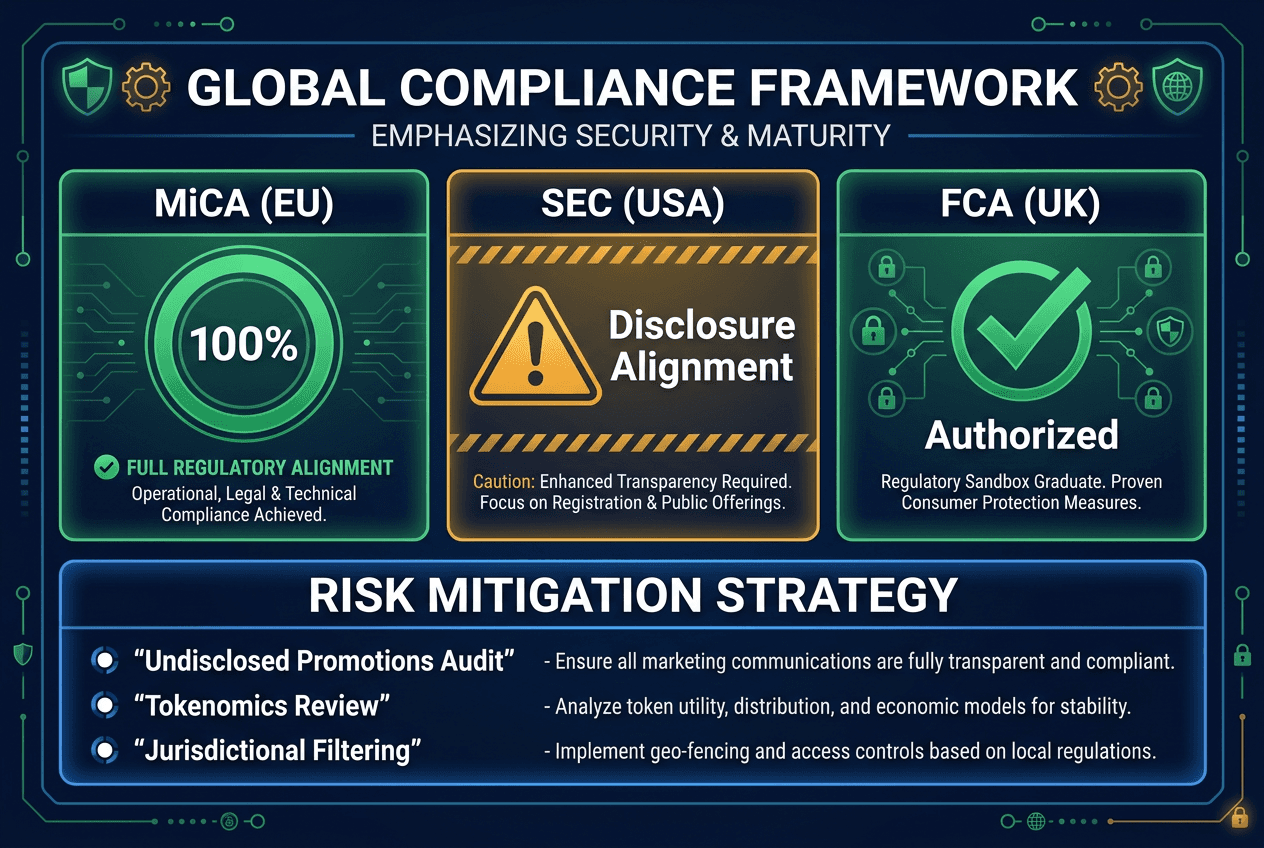 Global Web3 compliance framework graphic highlighting regulatory standards for MiCA, SEC, and FCA to help crypto founders mitigate marketing risks.