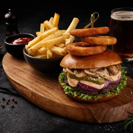 cheese burger on a wooden surface