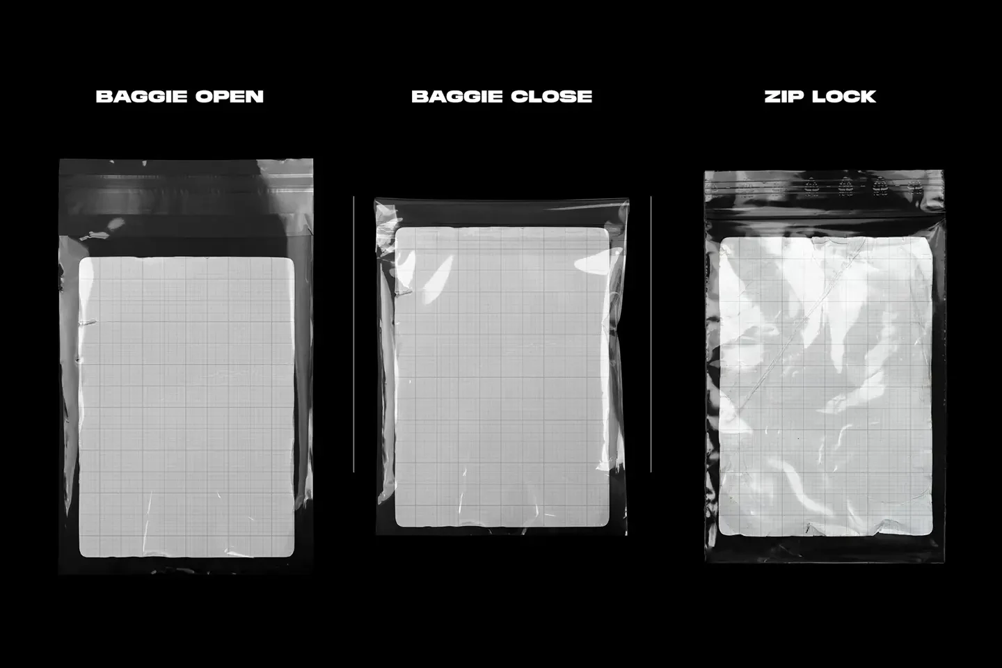 Trading card case mockups plastic baggie open closed and zip lock packaging