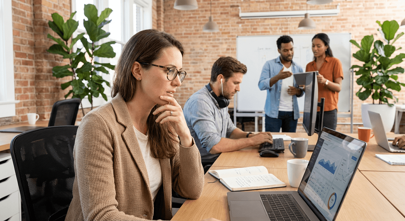 Woman in glasses analyzing charts on a laptop in a busy open office with colleagues working and collaborating.