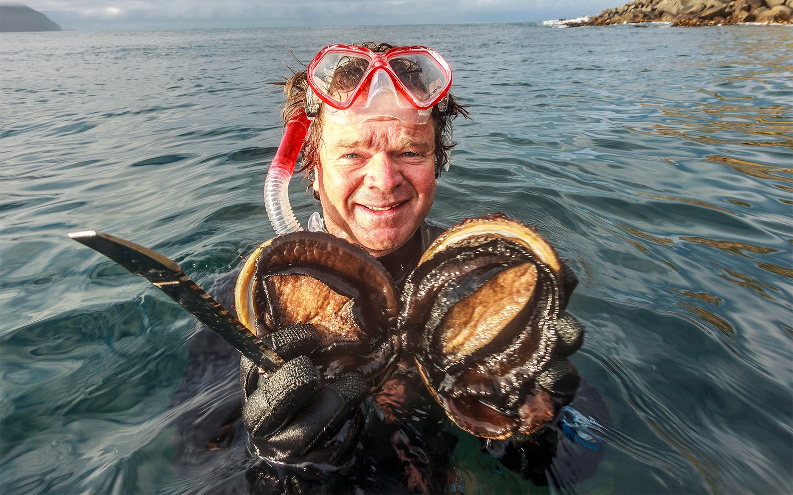 在塔斯马尼亚的海域参加海鲜诱惑之旅时,浮潜者手持新鲜的鲍鱼。