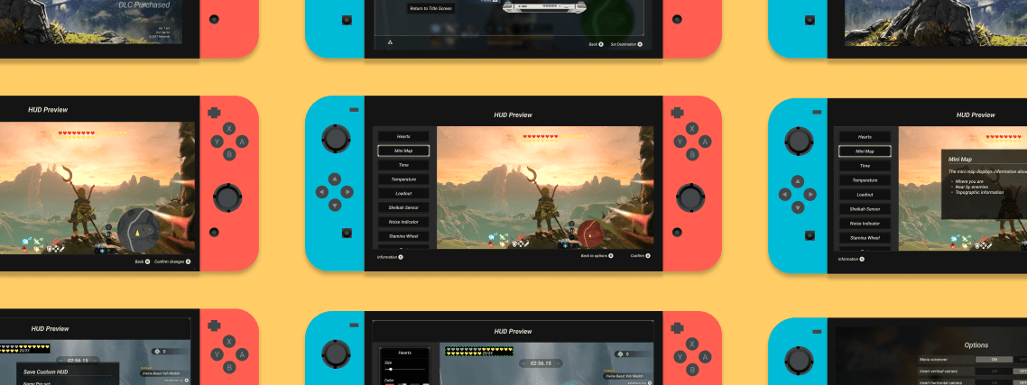 A banner that showcases a product feature that Edith designed on a nintendo switch. The game featured is the Legend of Zelda, breath of the wild.