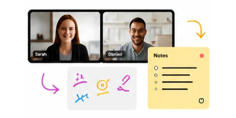 Illustration of an online meeting where participants collaborate while notes and action items are captured alongside the video call.