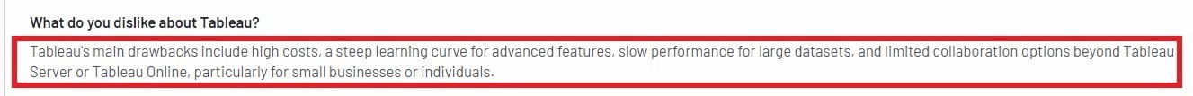 Tableau user review highlighting high costs, learning curve, and performance limitations with large datasets