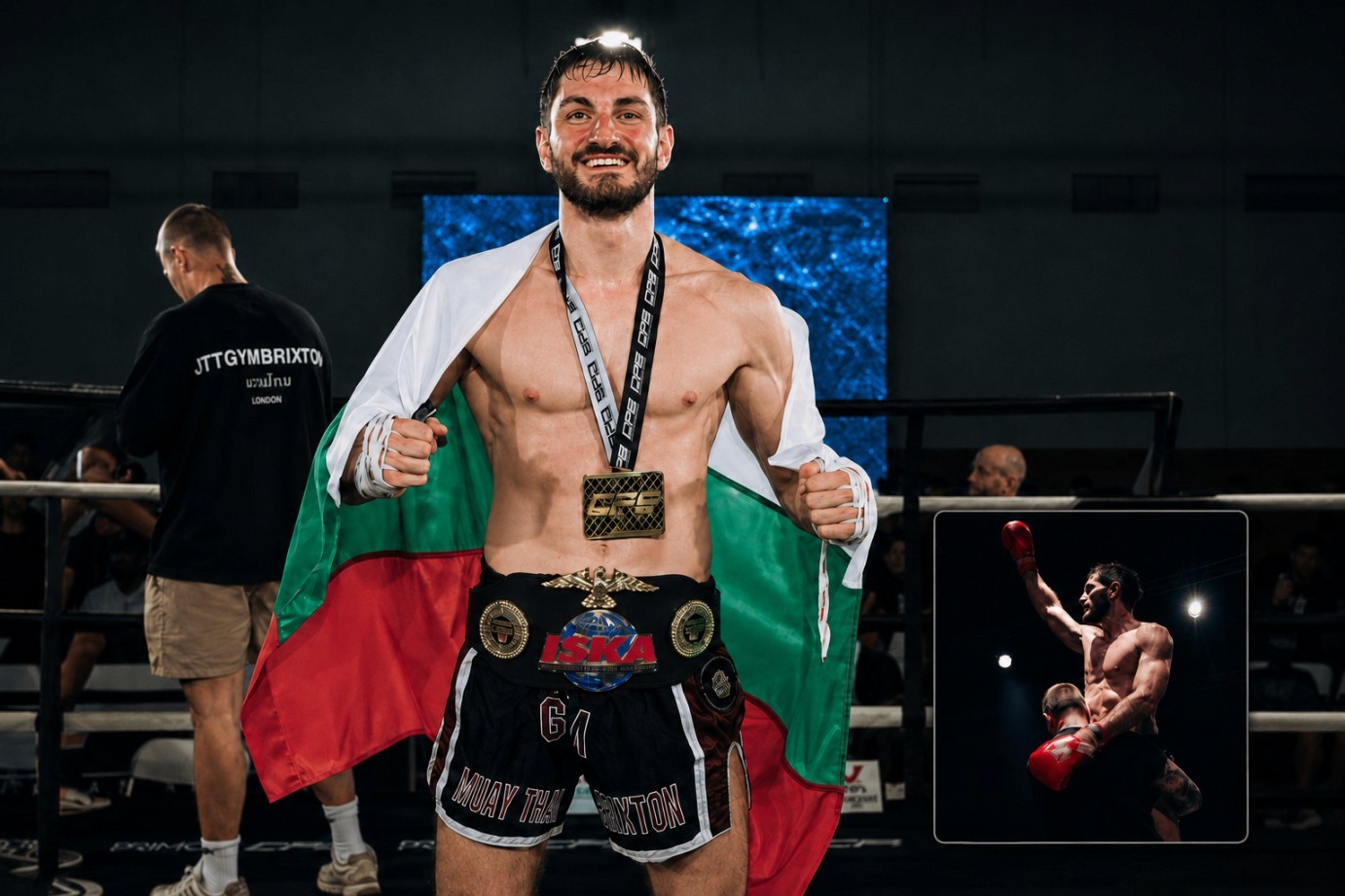 Filip Stoyanov, ISKA British champion, celebrating after a fight