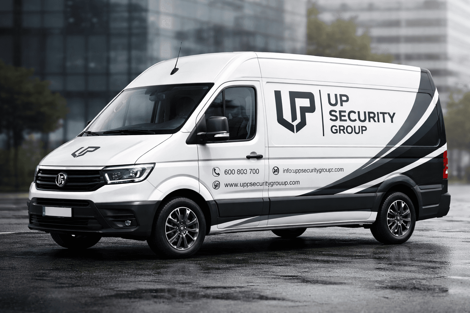 UP Security Group branding na samochodzie firmowym, projekt identyfikacji wizualnej dla branży ochrony