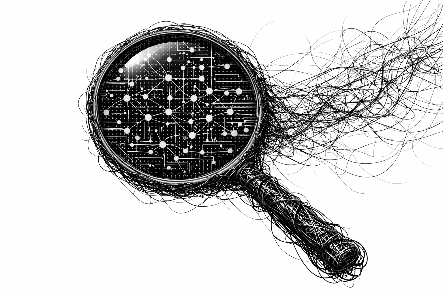 Imagem em preto e branco mostrando uma lupa abstrata formada por fios e linhas algorítmicas. Dentro da lente, há uma rede organizada de nós, conexões semânticas e fluxos de dados que representam Generative Engine Optimization (GEO) e Answer Engine Optimization (AEO), destacando o processo de análise, estruturação e otimização de informações para mecanismos de busca generativos e sistemas de resposta baseados em inteligência artificial. Fundo branco, estilo conceitual e editorial.