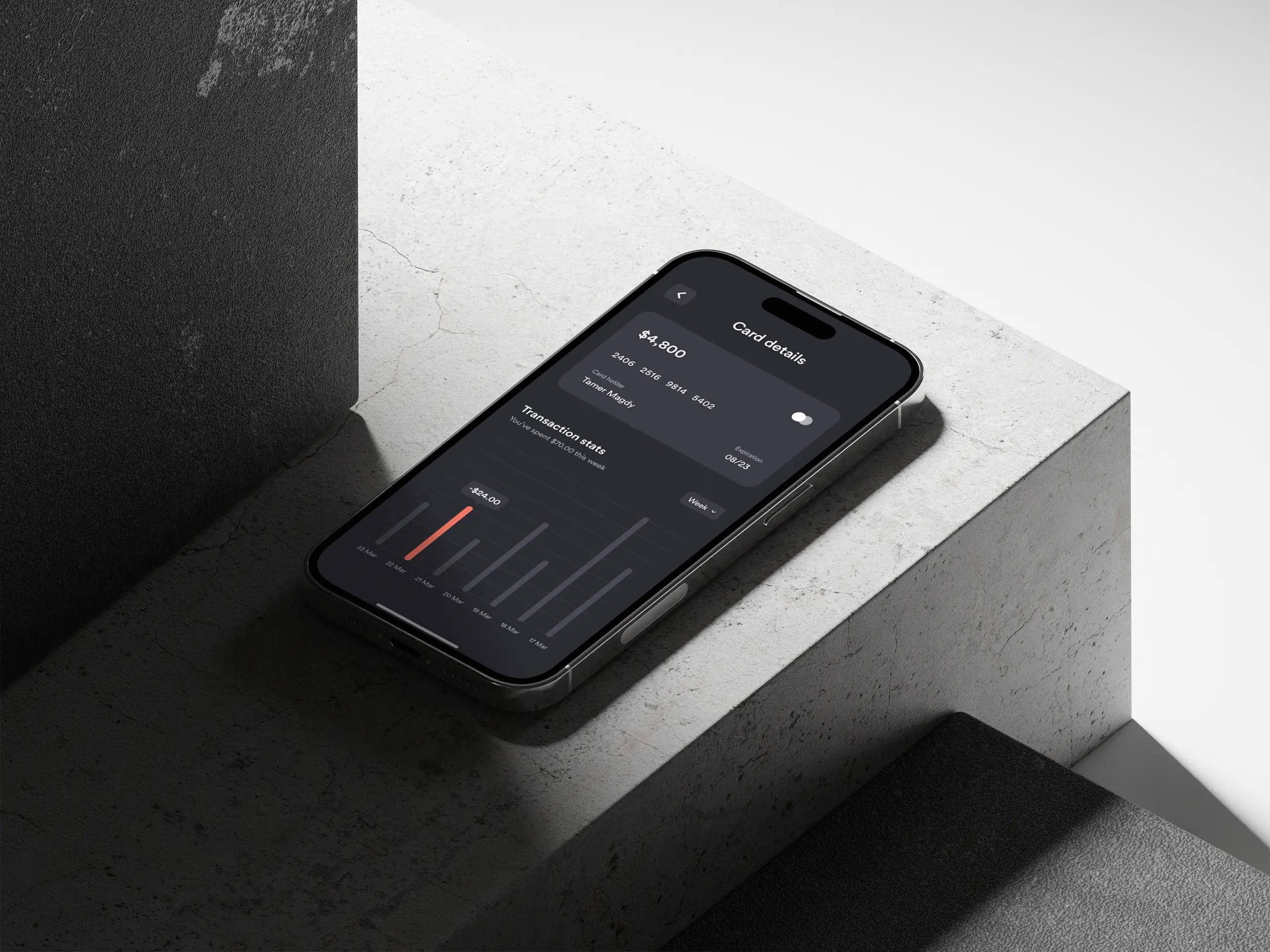 An iPhone mockup with a sceenshof of a personal finance app