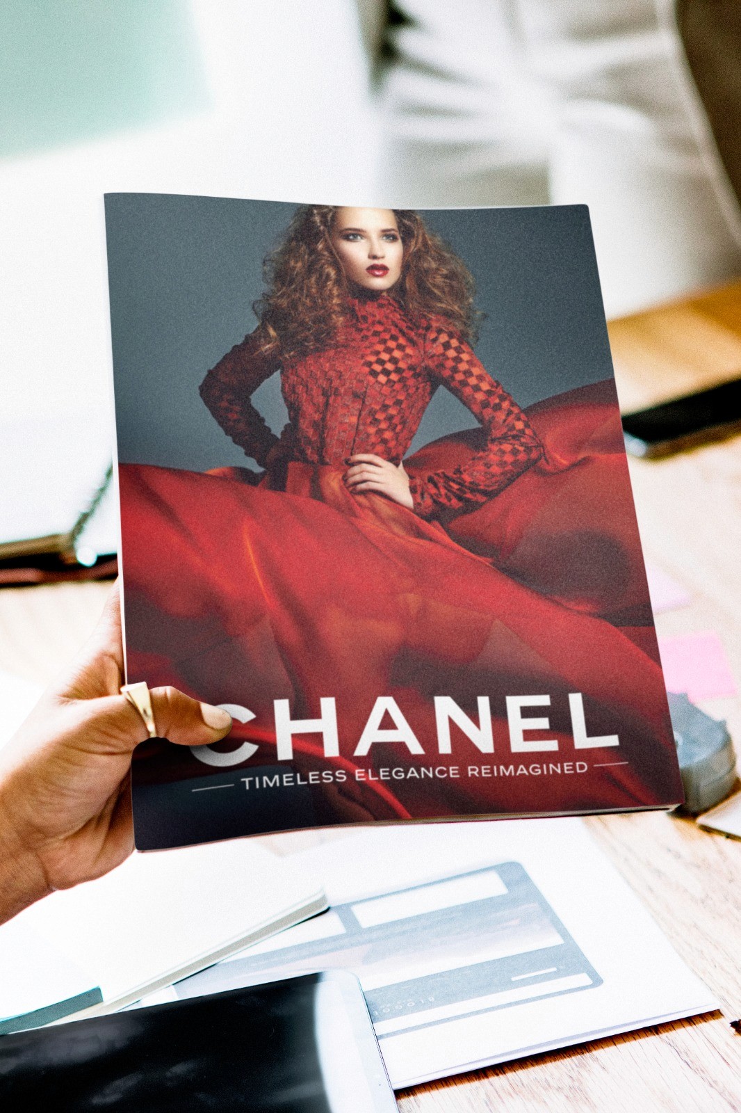 Modern food magazine brochure mockup with bold typography and bright yellow accents