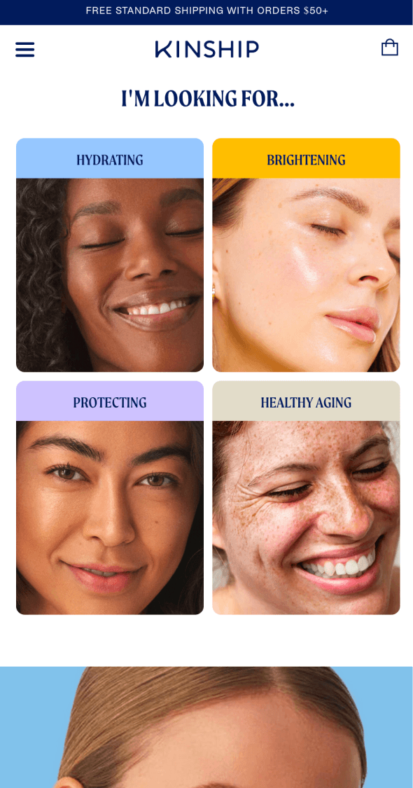 Mobile skincare routine or category navigation section for Kinship with visual product grouping