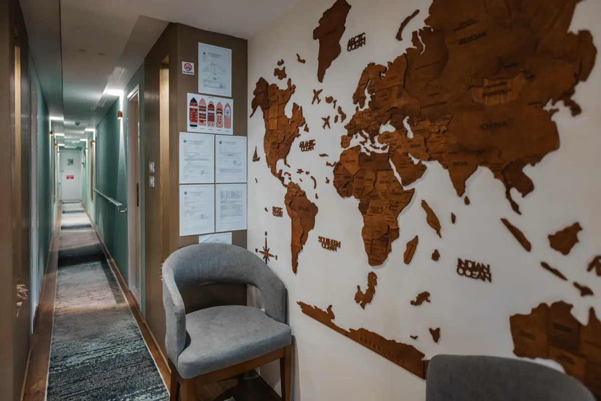 World map in Sea Fox’s interior