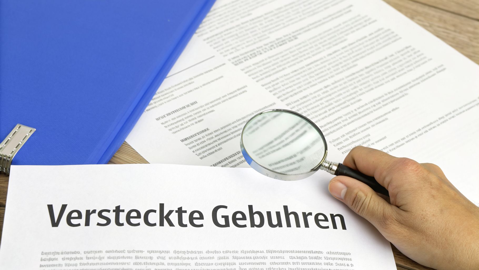 Eine Hand hält eine Lupe über einem Dokument mit der Aufschrift 'Versteckte Gebühren'.