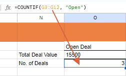 COUNTIF Function: =COUNTIF( G3:G12, “Open”)