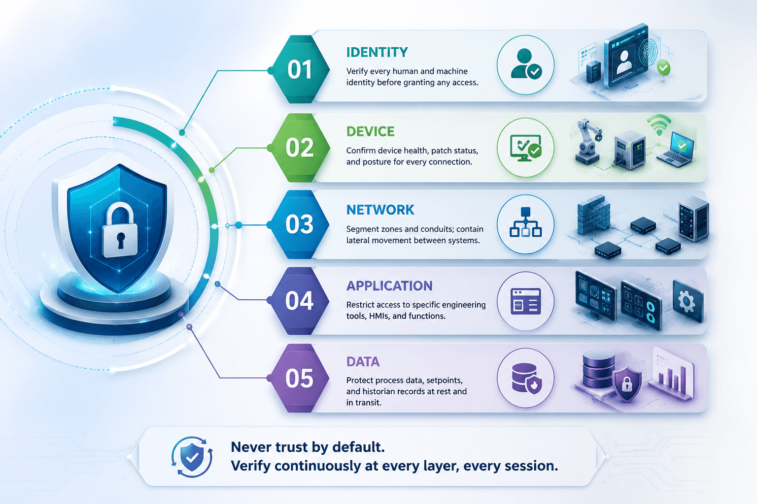 A layered zero trust approach applied to industrial identity, device, network, application, and data access