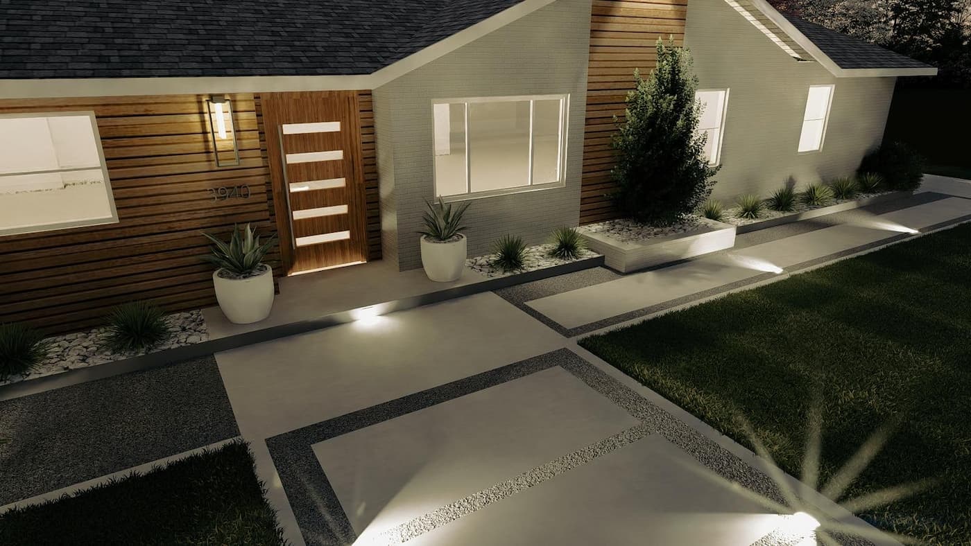 Geometric front entry design with illuminated concrete pavers and modern plantings at Dallas ranch-style home