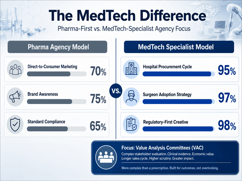 Comparison chart showing differences between general pharma marketing and specialized medical device creative agency focus areas.