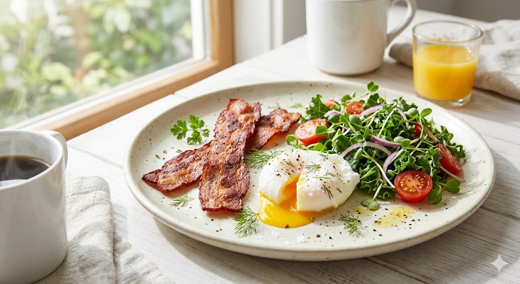 A healthy breakfast plate with a perfectly poached egg and runny yolk, two strips of crispy bacon, and a fresh green salad with avocado and tomatoes. It sits on a wooden table with coffee and orange juice by a sunny window.